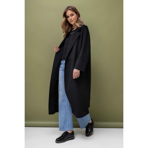 Czarny, dwurzędowy płaszcz damski z wełną typu HAND MADE/ oversize