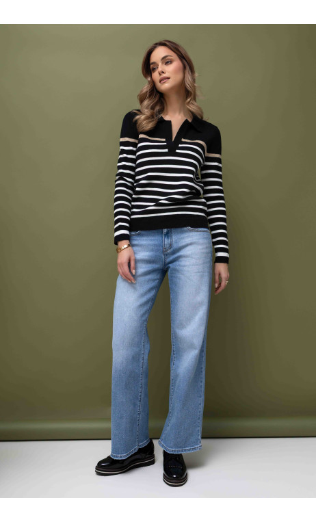 Czarny, sweter w pasy z kołnierzykiem polo