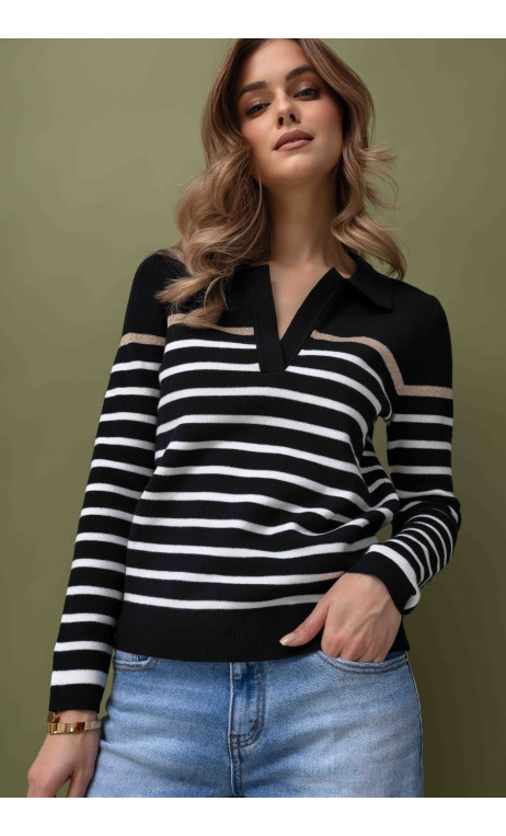 Czarny, sweter w pasy z kołnierzykiem polo
