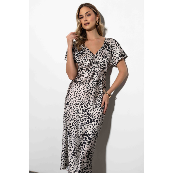 Letnia sukienka w beżowo-czarny, zwierzęcy wzór DEBORAH