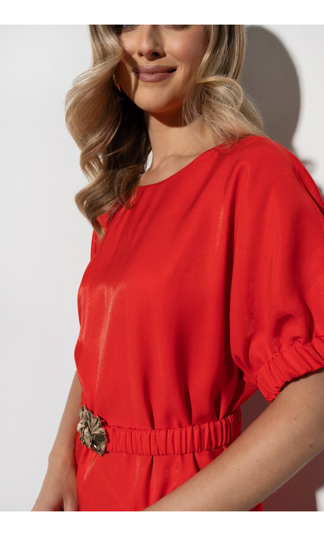 Czerwona, elegancka sukienka damska z paskiem w komplecie TRUDI