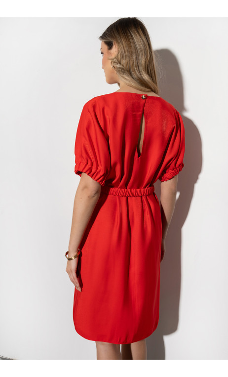 Czerwona, elegancka sukienka damska z paskiem w komplecie TRUDI