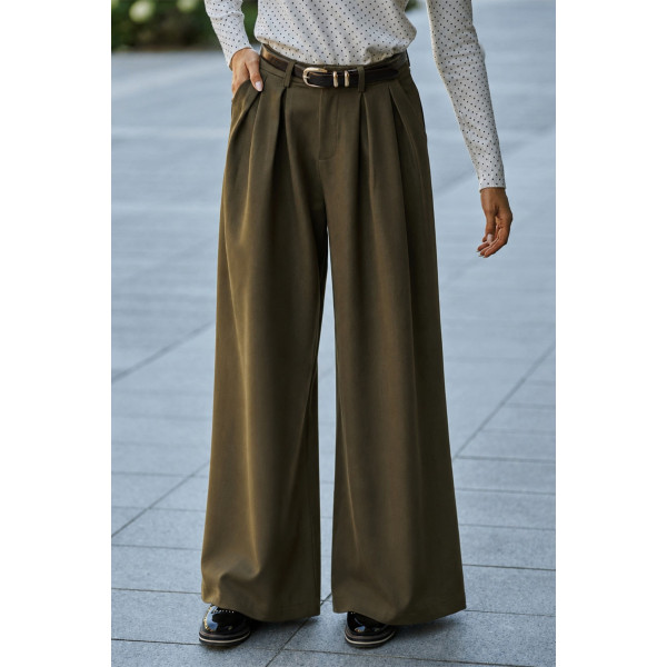 Eleganckie spodnie damskie w kolorze khaki, z szerokimi nogawkami