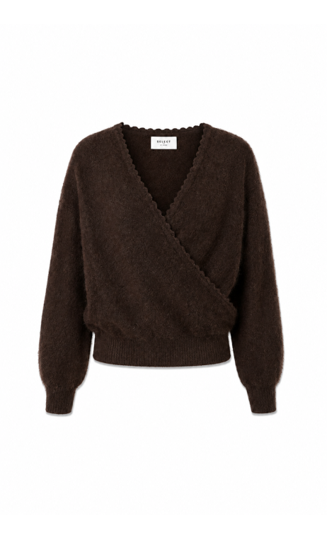 Brązowy sweter damski z wełną, o kopertowym fasonie