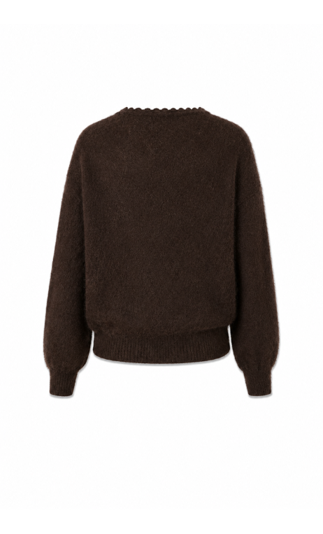Brązowy sweter damski z wełną, o kopertowym fasonie
