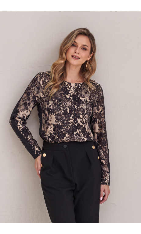 Czarna, elegancka bluzka z efektownym nadrukiem HEMANI