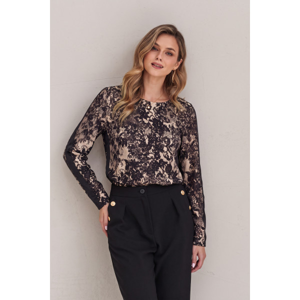 Czarna, elegancka bluzka z efektownym nadrukiem HEMANI